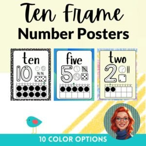 Ten Frame Number Poster with Tally, Coin, Clock, and Dice or Domino Visual Aid